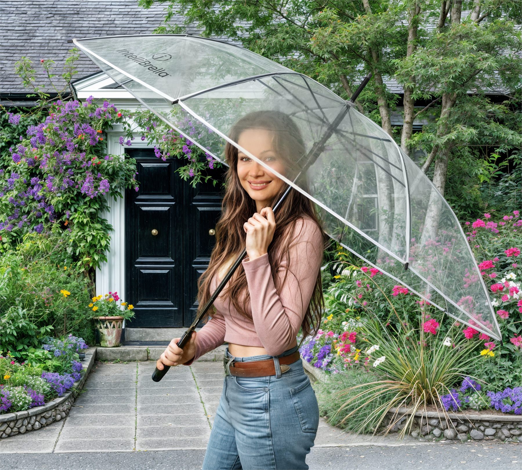 IntelliBrella&trade; in a sunlit garden, planting clearly visible through the transparent canopy