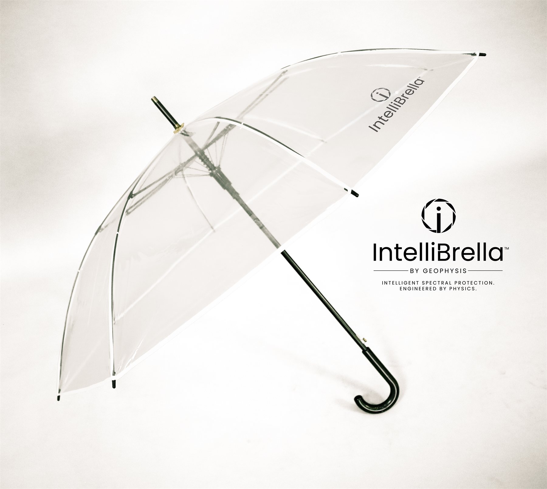 IntelliBrella&trade; from a lower angle showing the printed logo panel on the canopy