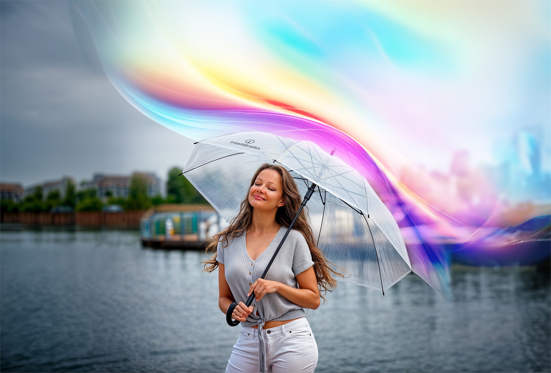 A person beneath IntelliBrella™ at a harbour, with a broad spectral arc of colour sweeping across the sky above the canopy