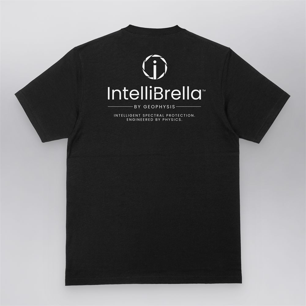 Black IntelliBrella™ t-shirt with the white logo lockup printed across the back